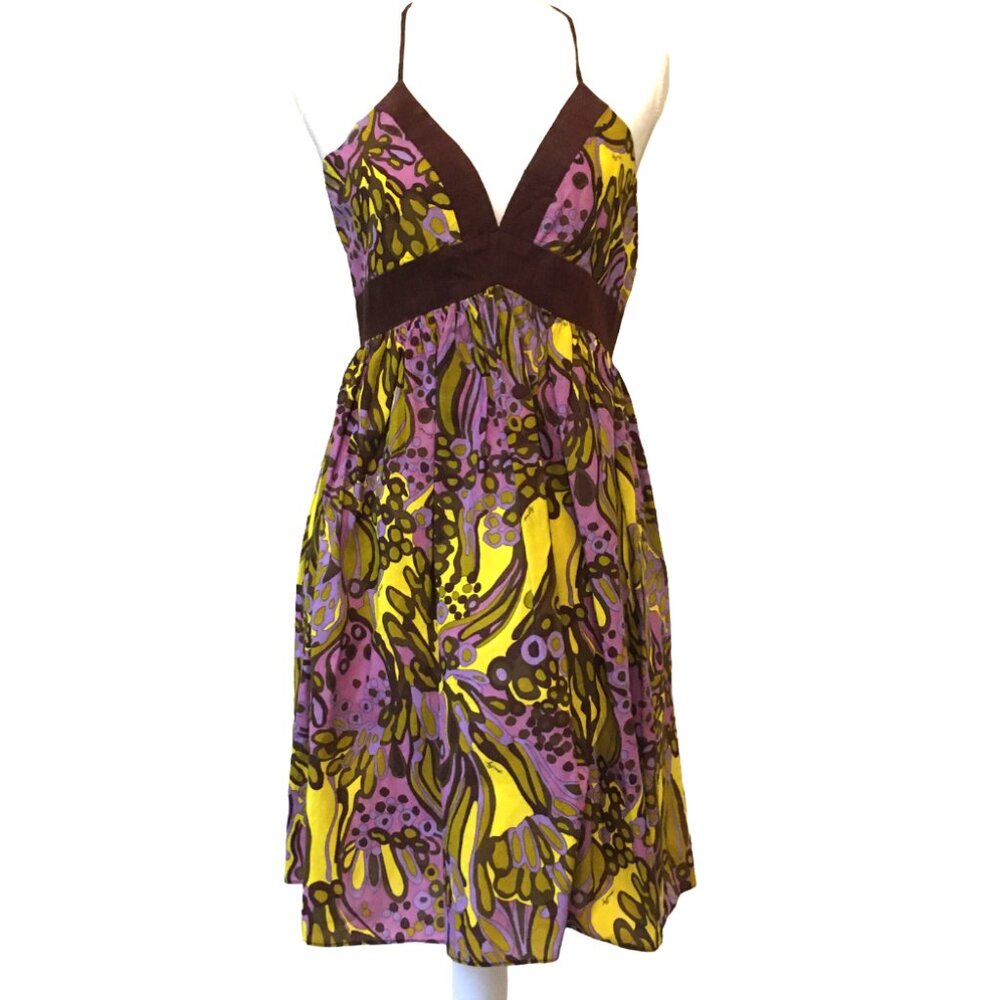 Milly of NY Halter Dress Silk Cotton Abstract Pleated Lined V-neck Women Size 4